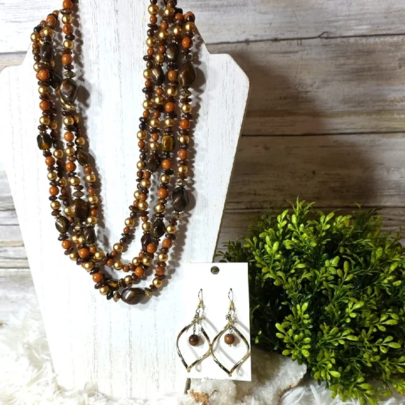Boho Earthy Brown Beaded Necklace and Earring Set - Picture 3 of 7
